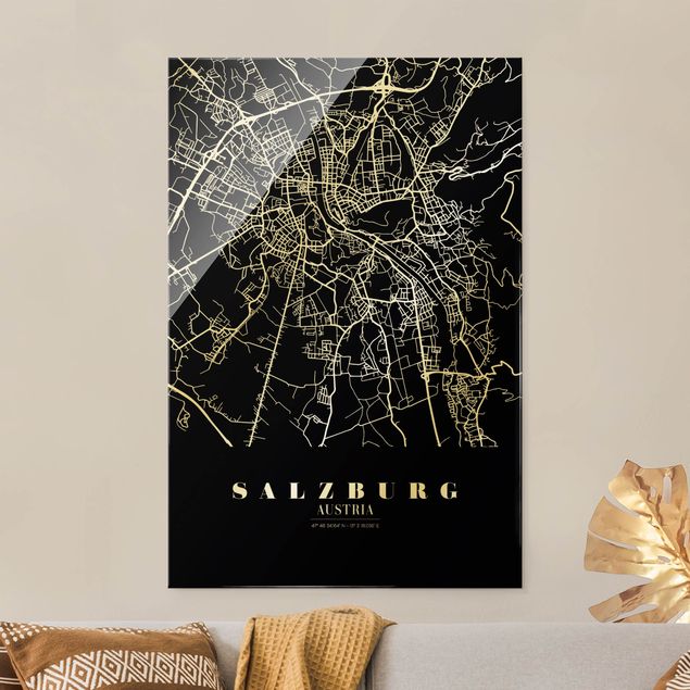 Glastavlor svart och vitt Salzburg City Map - Classic Black