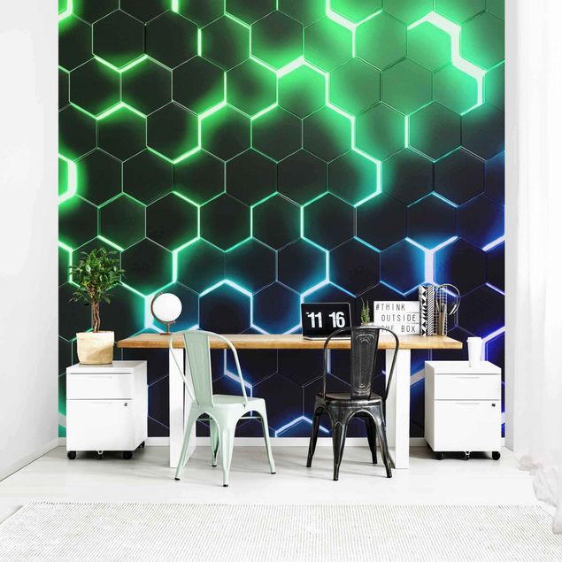 Tapeter geometrisk Structured Hexagons With Neon Light In Green And Blue