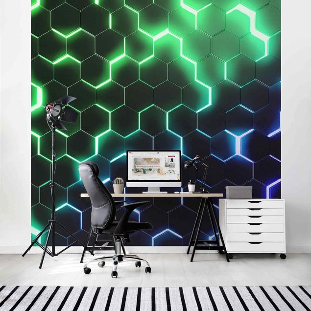 Fototapeter 3D Structured Hexagons With Neon Light In Green And Blue