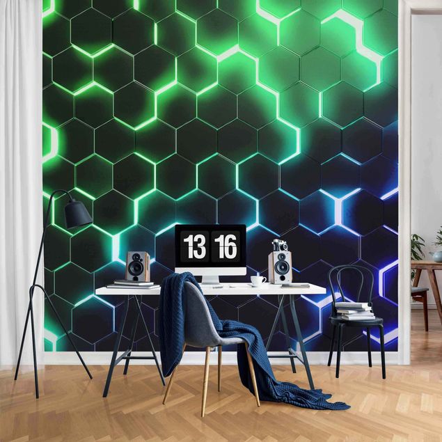 Mönstertapet Structured Hexagons With Neon Light In Green And Blue