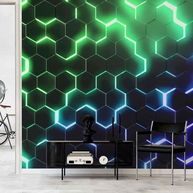 Tapeter modernt Structured Hexagons With Neon Light In Green And Blue
