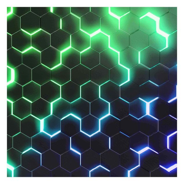 Tapeter Structured Hexagons With Neon Light In Green And Blue