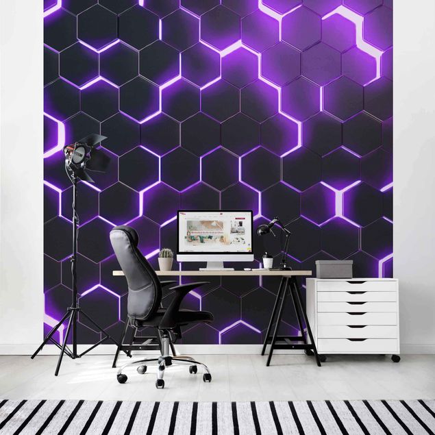 Tapeter geometrisk Structured Hexagons With Neon Light In Purple