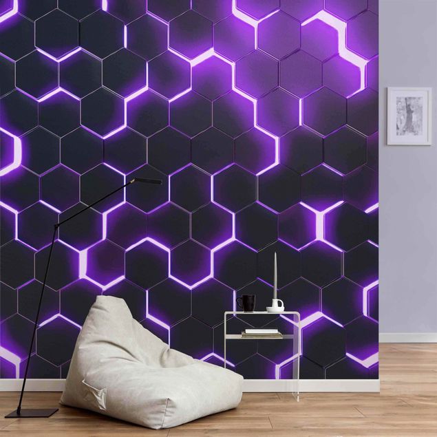 Fototapeter 3D Structured Hexagons With Neon Light In Purple