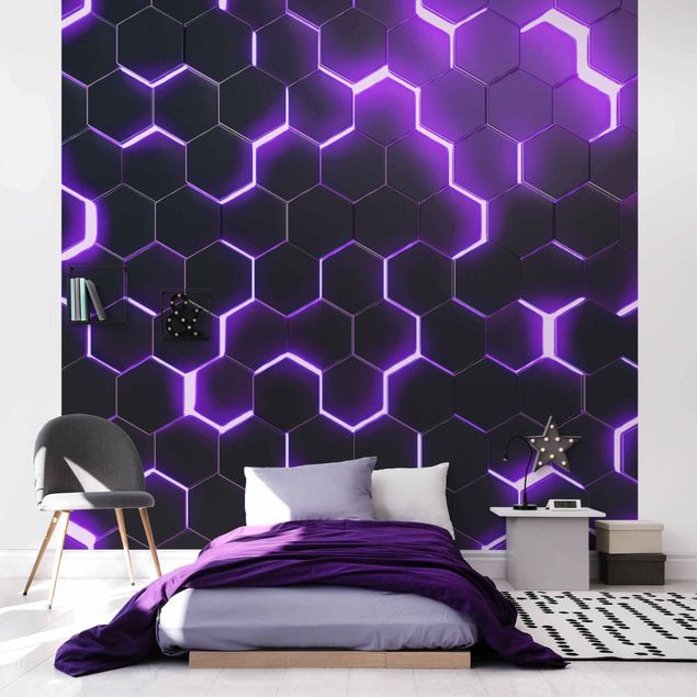 Mönstertapet Structured Hexagons With Neon Light In Purple