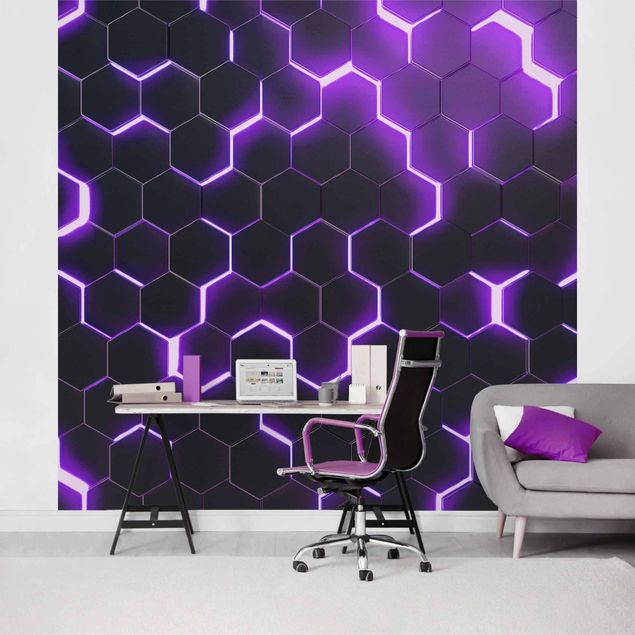 Tapeter modernt Structured Hexagons With Neon Light In Purple