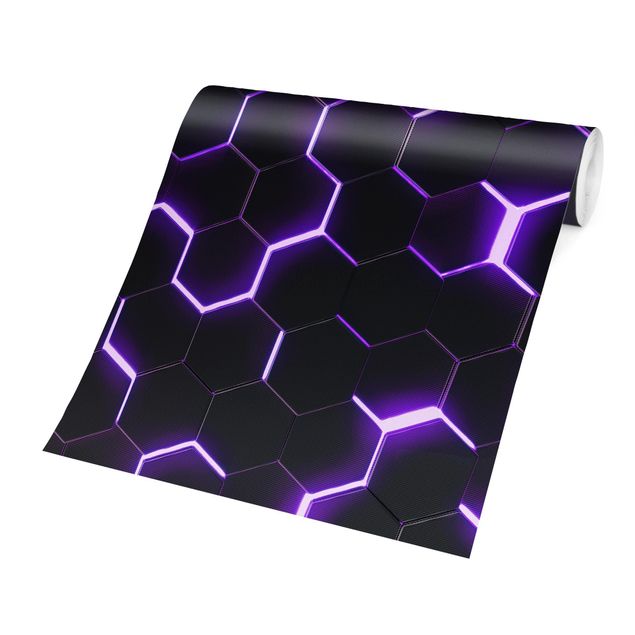 Fototapeter svart Structured Hexagons With Neon Light In Purple