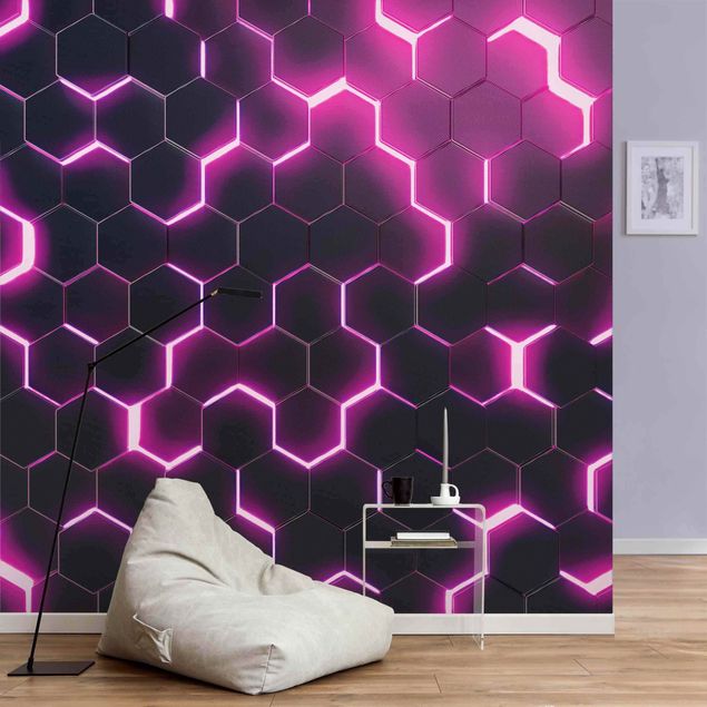 Tapeter geometrisk Structured Hexagons With Neon Light In Pink