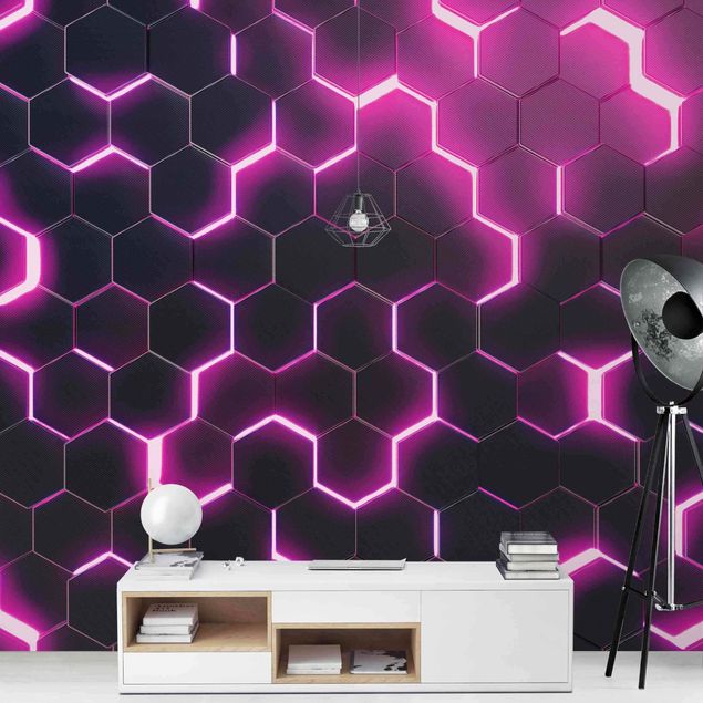 Fototapeter 3D Structured Hexagons With Neon Light In Pink