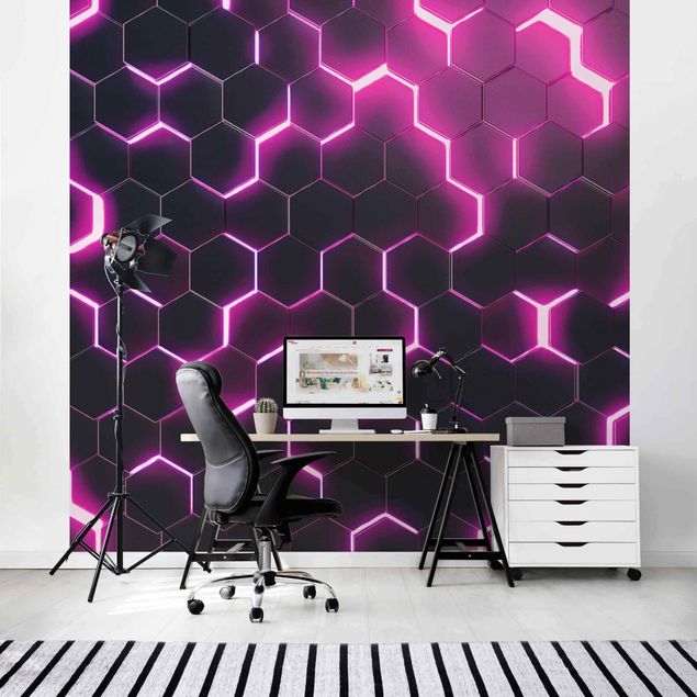 Mönstertapet Structured Hexagons With Neon Light In Pink