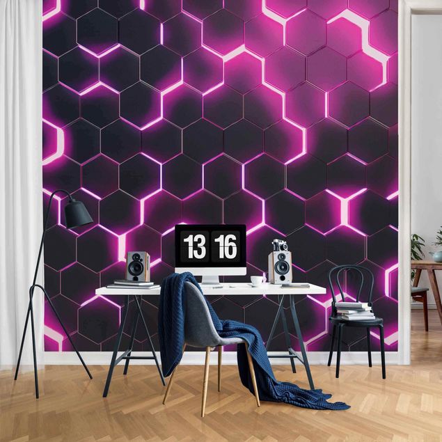 Tapeter modernt Structured Hexagons With Neon Light In Pink