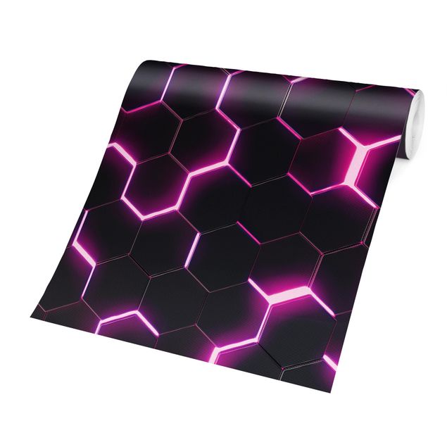 Fototapeter svart Structured Hexagons With Neon Light In Pink