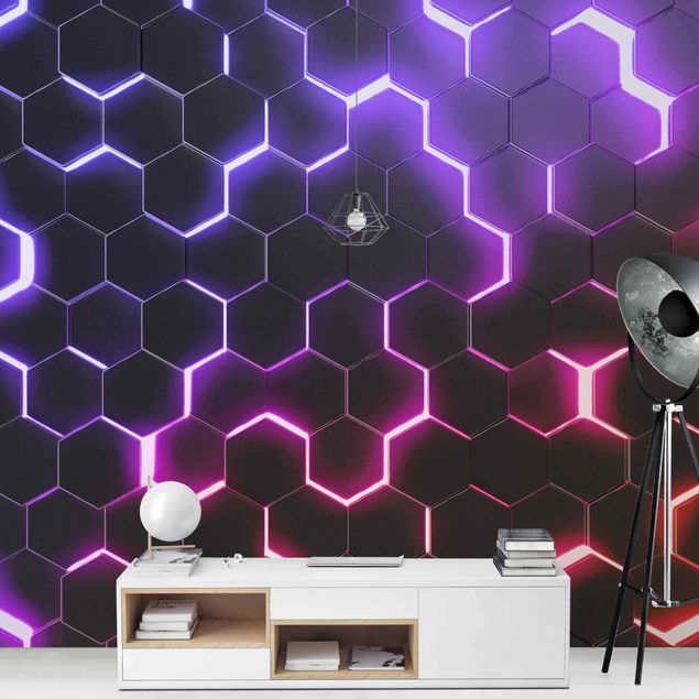 Tapeter geometrisk Structured Hexagons With Neon Light In Pink And Purple