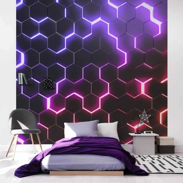 Fototapeter 3D Structured Hexagons With Neon Light In Pink And Purple