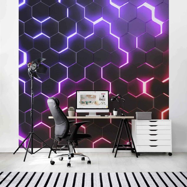 Mönstertapet Structured Hexagons With Neon Light In Pink And Purple