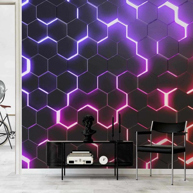 Tapeter modernt Structured Hexagons With Neon Light In Pink And Purple
