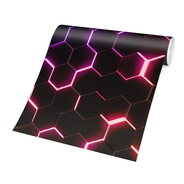 Fototapeter svart Structured Hexagons With Neon Light In Pink And Purple