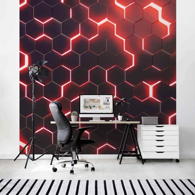 Tapeter geometrisk Structured Hexagons With Neon Light In Red