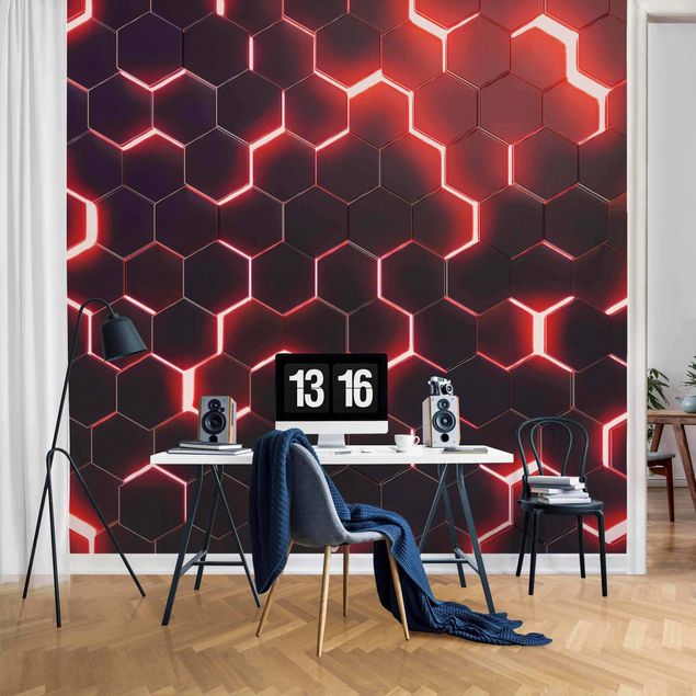 Fototapeter 3D Structured Hexagons With Neon Light In Red