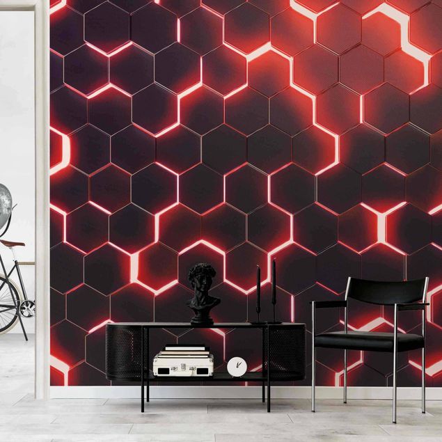 Mönstertapet Structured Hexagons With Neon Light In Red