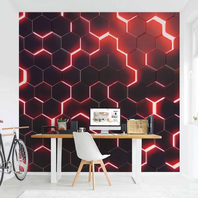 Tapeter modernt Structured Hexagons With Neon Light In Red