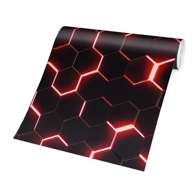 Fototapeter svart Structured Hexagons With Neon Light In Red