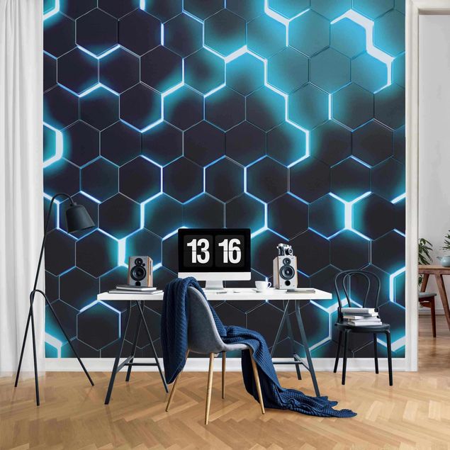 Tapeter geometrisk Structured Hexagons With Neon Light In Turquoise