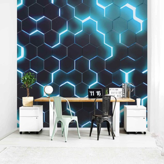 Fototapeter 3D Structured Hexagons With Neon Light In Turquoise
