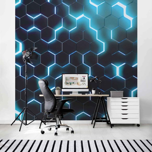 Mönstertapet Structured Hexagons With Neon Light In Turquoise