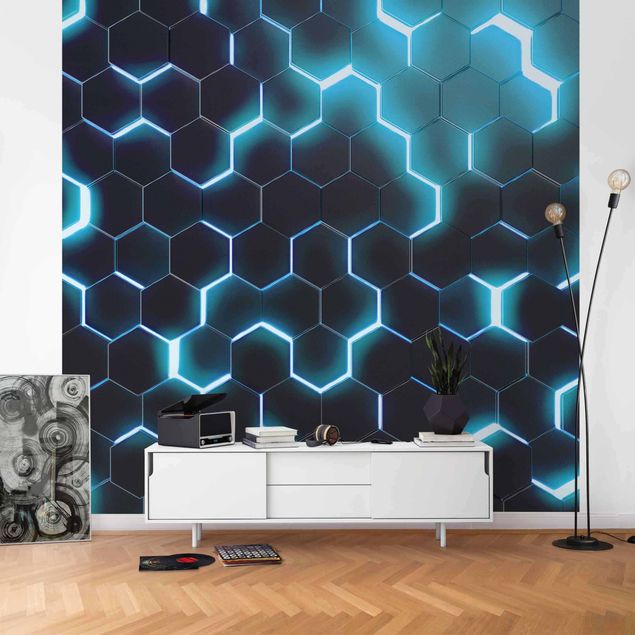 Tapeter modernt Structured Hexagons With Neon Light In Turquoise
