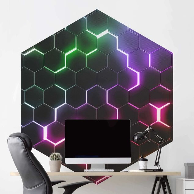 Fototapeter 3D Hexagonal Pattern With Neon Light