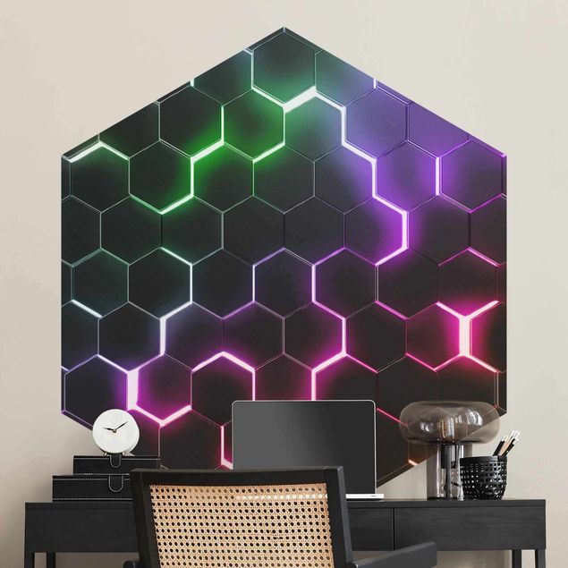 Mönstertapet Hexagonal Pattern With Neon Light
