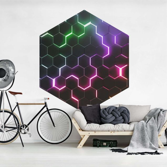 Fototapeter svart Hexagonal Pattern With Neon Light