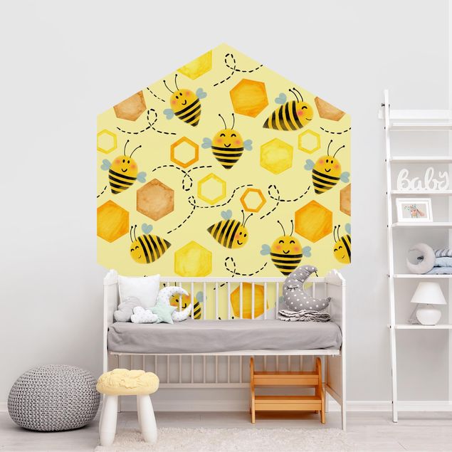 Hexagonala tapeter Sweet Honey With Bees Illustration