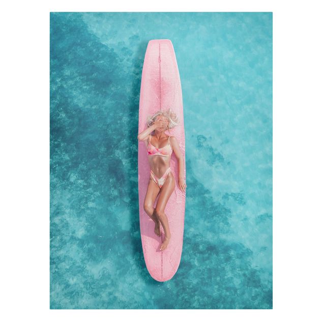 Canvastavlor stränder Surfer Girl With Pink Board