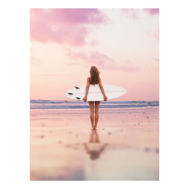 Glastavlor stränder Surfer Girl With Board At Sunset