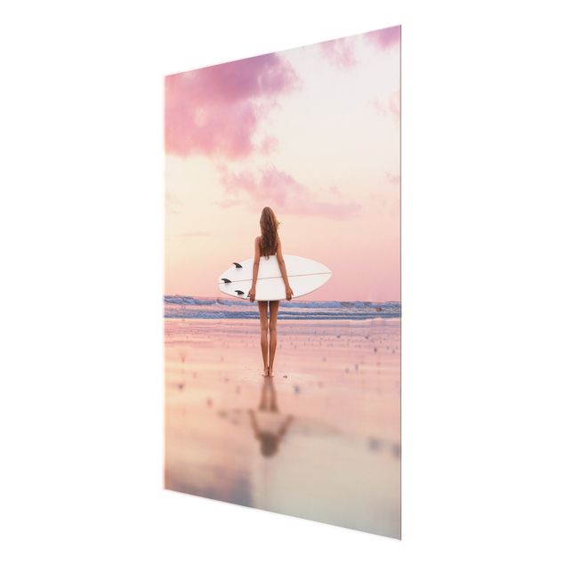 Tavlor natur Surfer Girl With Board At Sunset