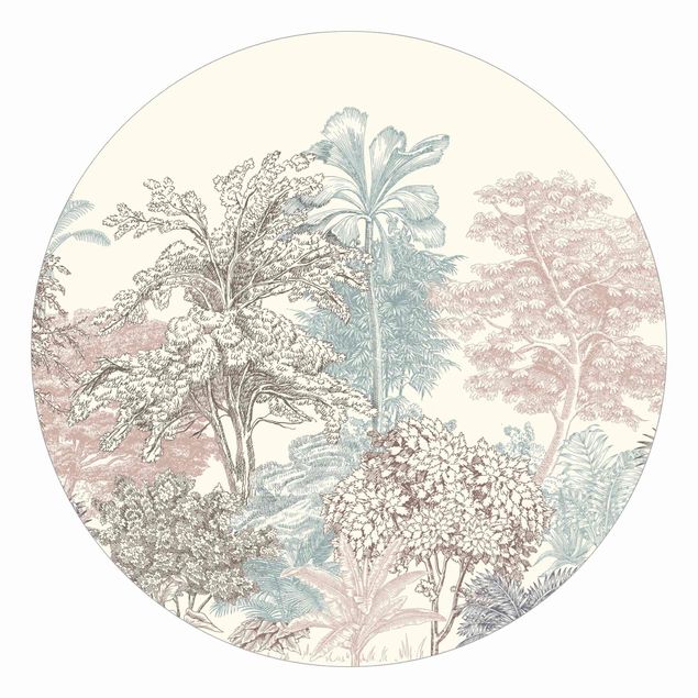 Runde Tapete selbstklebend - Tropenwald mit Palmen in Pastell