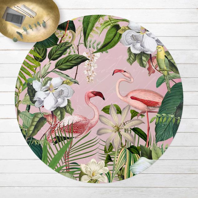 utomhusmattor Tropical Flamingos With Plants In Pink