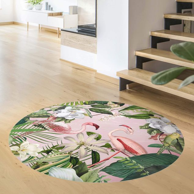 modern matta Tropical Flamingos With Plants In Pink