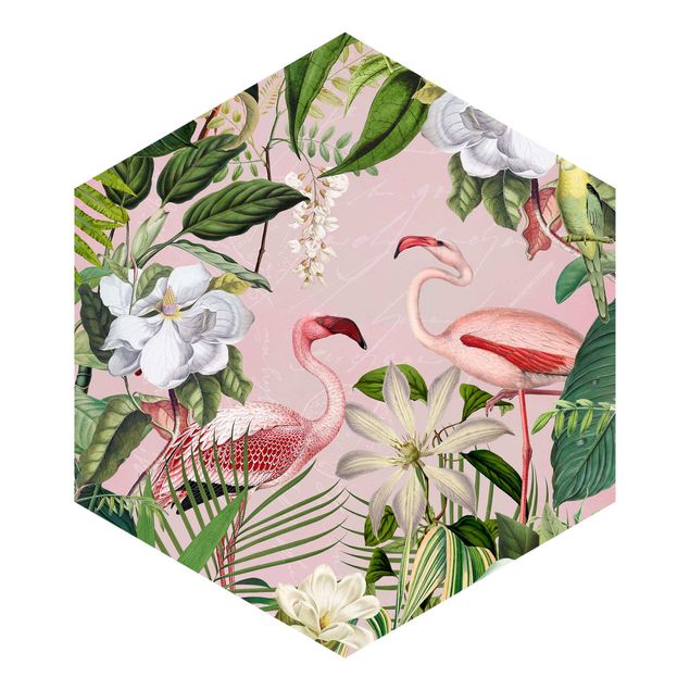 Tapeter vintage Tropical Flamingos With Plants In Pink
