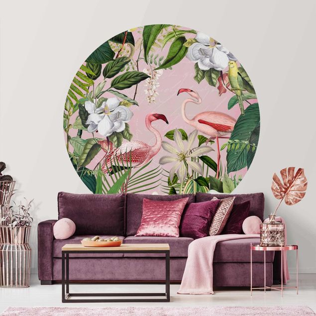 Fototapeter flamingo Tropical Flamingos With Plants In Pink