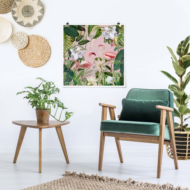 Posters blommor  Tropical Flamingos With Plants In Pink