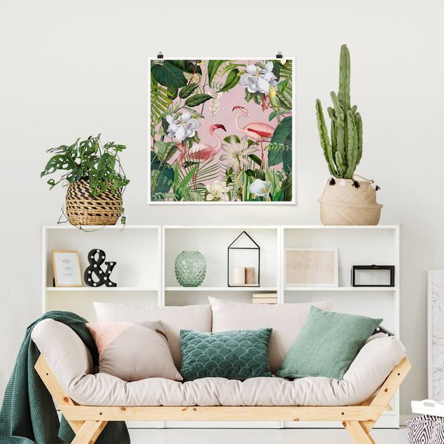 Tavlor blommor Tropical Flamingos With Plants In Pink