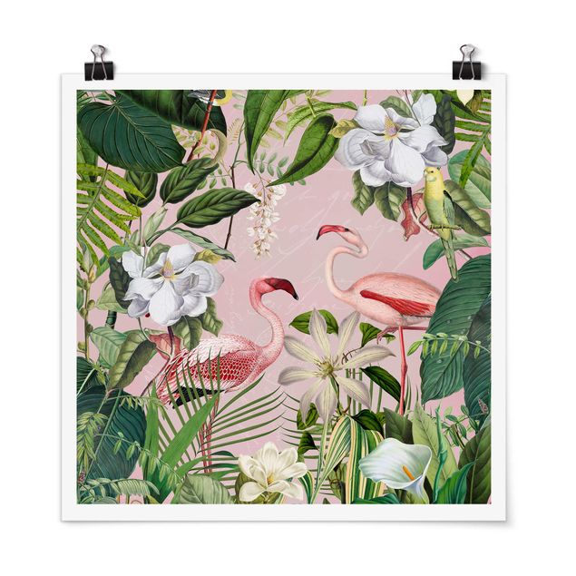 Posters konstutskrifter Tropical Flamingos With Plants In Pink