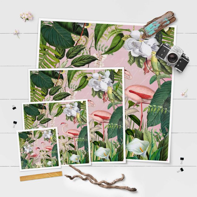 Posters Tropical Flamingos With Plants In Pink