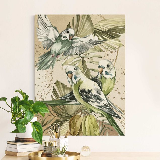 Canvastavlor blommor  Tropical Birds - Green Budgerigar