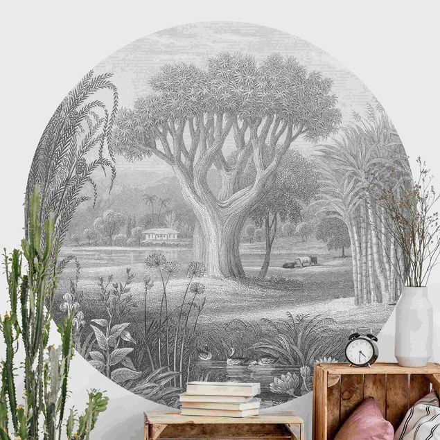 Kök dekoration Tropical Copperplate Engraving Garden With Pond In Grey