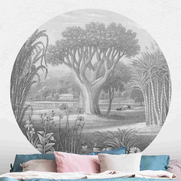 Fototapeter blommor  Tropical Copperplate Engraving Garden With Pond In Grey