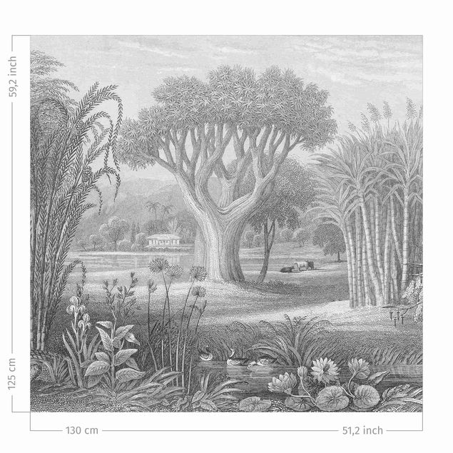 Måttbeställda gardiner Tropical Copperplate Engraving Garden With Pond In Grey